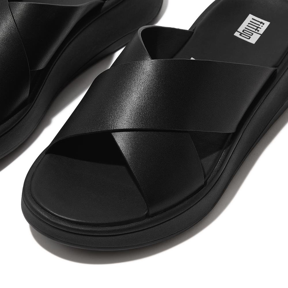 Klapki FitFlop F-Mode Leather Flatform Cross Slides FW5-090 - czarne